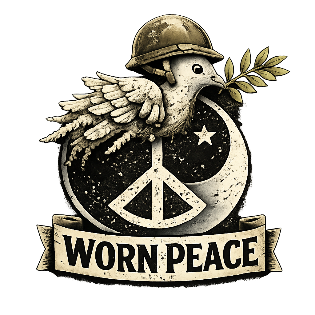 Worn Peace dove in a helmet holding an olive branch