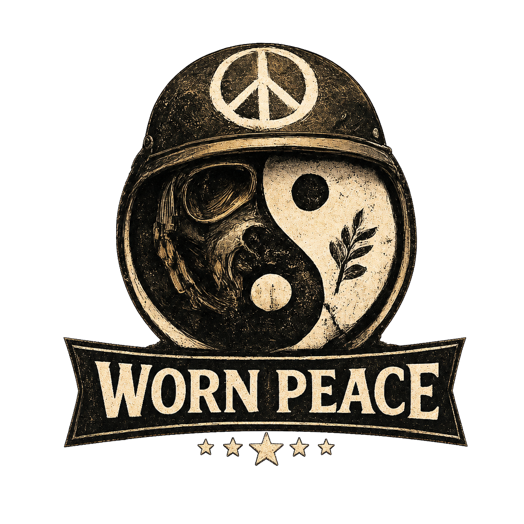 Worn Peace helmet with yin-yang face